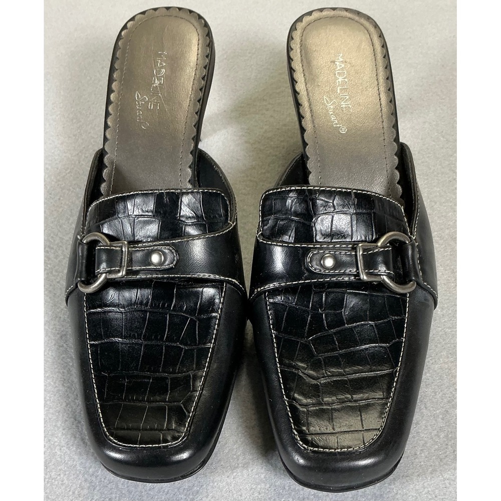 Madeline Stuart Womens Size 7M Black Croc Embossed Mule Heels Horsebit Slip On
